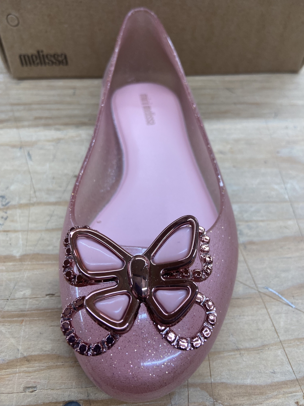 Melissa Women's Pink Glitter Jelly Flat with Butterfly Accent Size GS 1